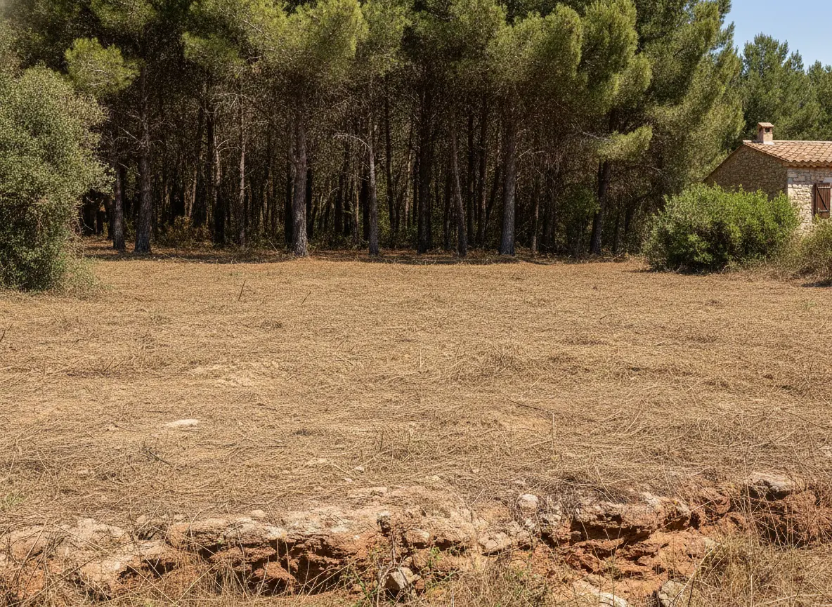 Terrain dégagé formant un pare-feu net contre la pinède aux Adrets-de-l'Estérel après débroussaillage