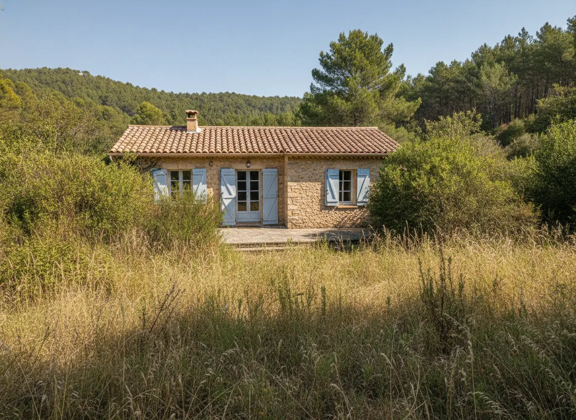 Herbes sèches et arbustes hauts encerclant une maison provençale à Bagnols-en-Forêt avant débroussaillage