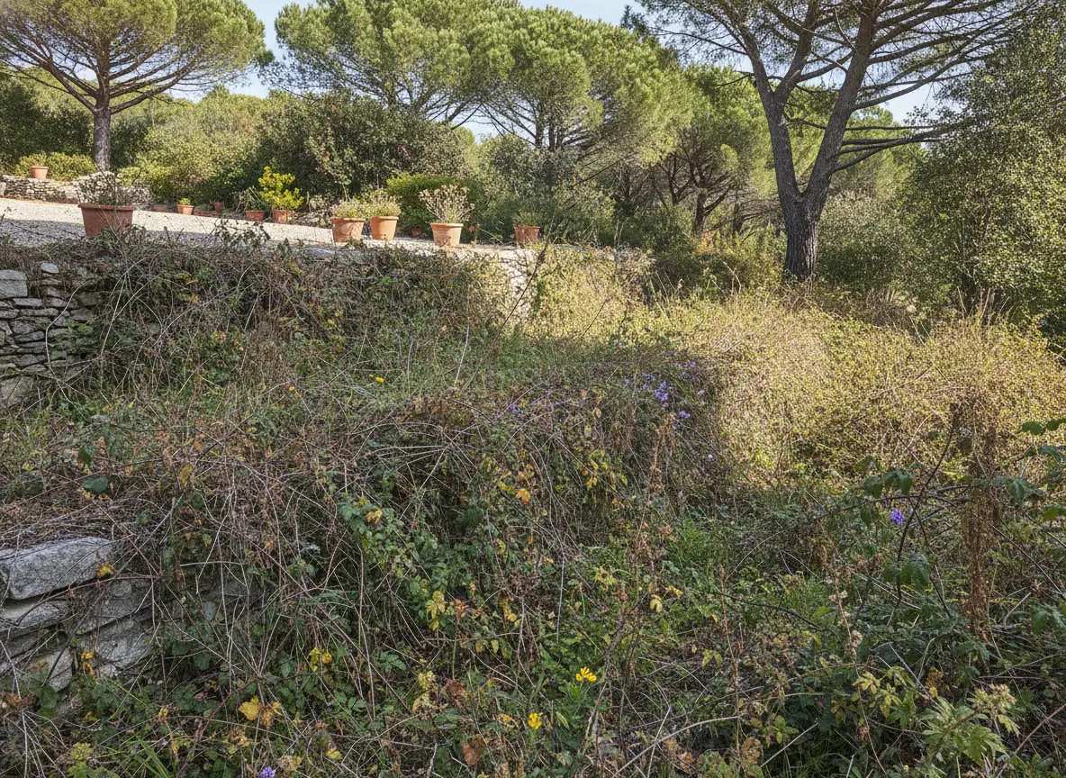 Talus en restanque couvert de broussailles à Valescure, Saint-Raphaël, avant débroussaillage