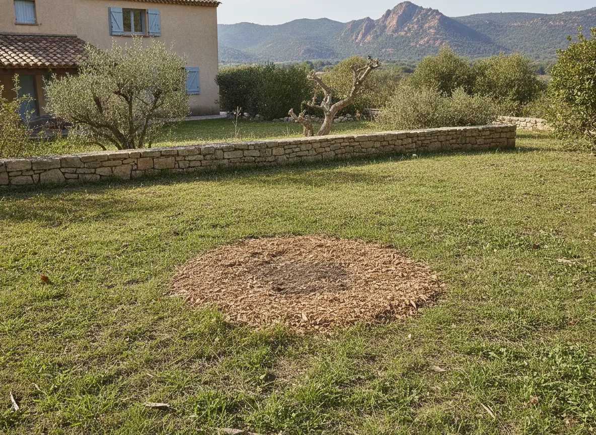 Emplacement rogné et sol nivelé aux copeaux après dessouchage à Fréjus