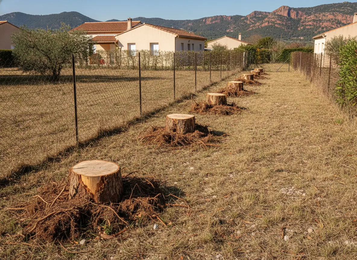 Rangée de souches alignées le long d'une clôture à Puget-sur-Argens avant dessouchage