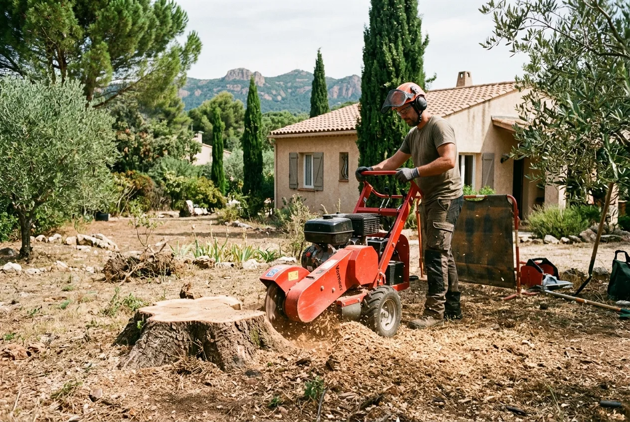 Rognage de souche dans un jardin fréjussien