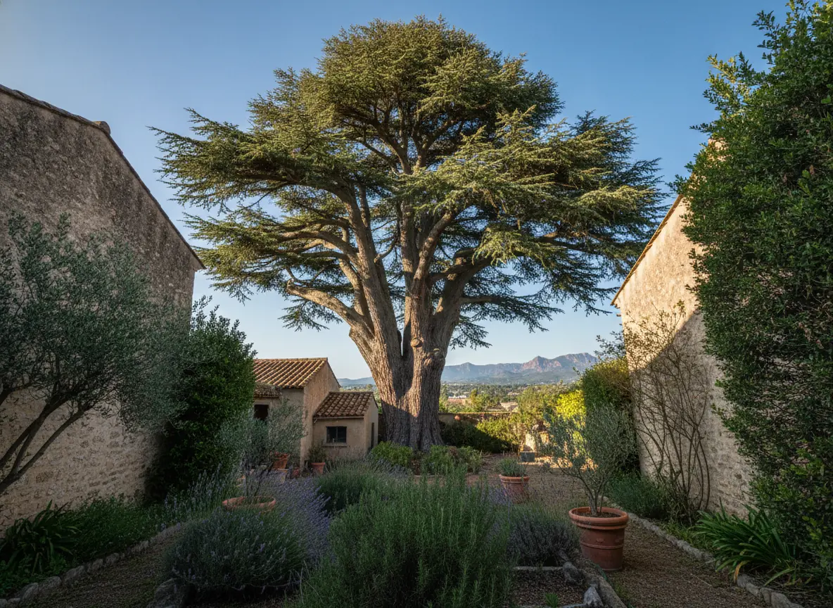 Grand cèdre dominant un jardin clos étroit à Fréjus