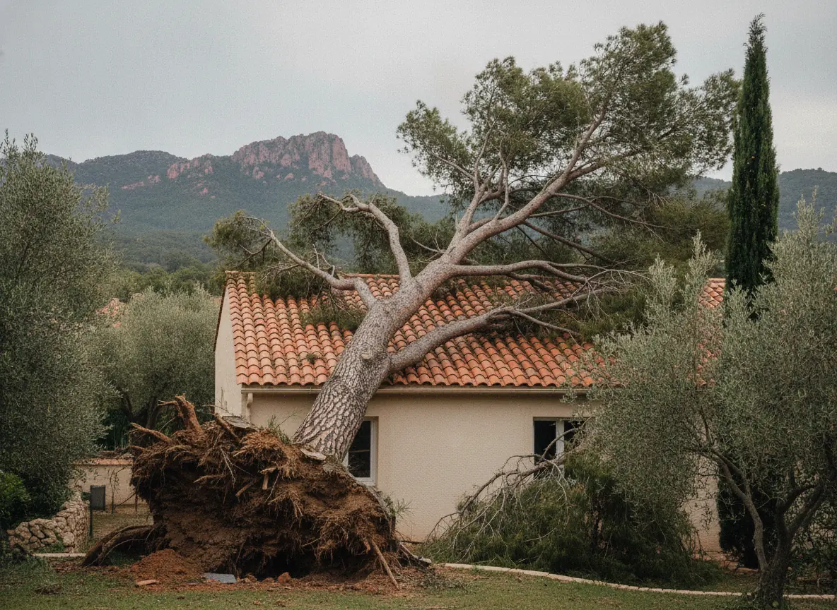Pin arraché tombé sur la toiture d'une maison à Saint-Raphaël après un coup de vent