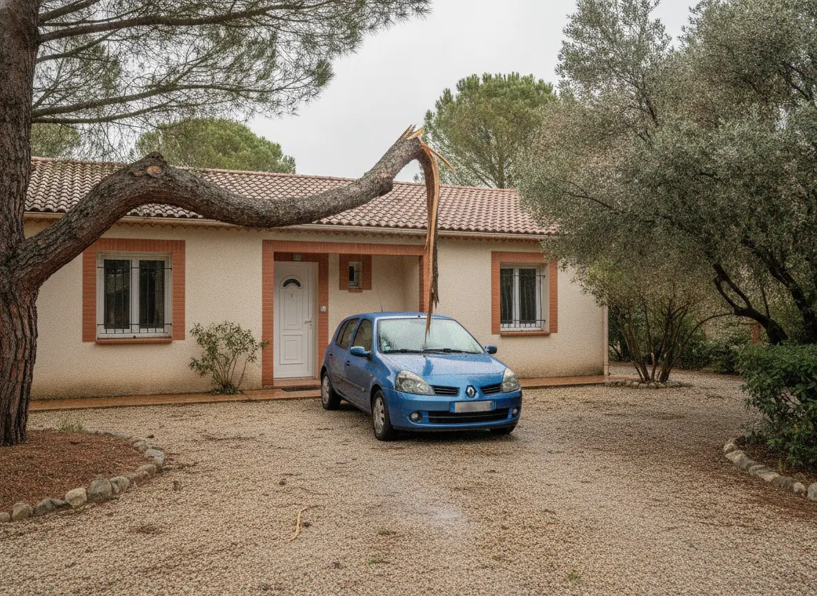 Grosse branche cassée suspendue au-dessus d'une allée et d'une voiture à Fréjus