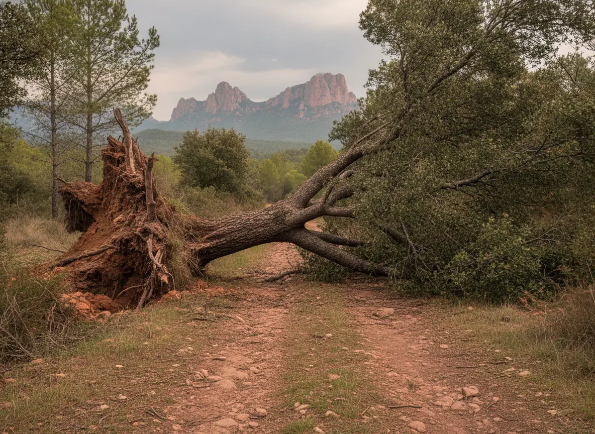 Tronc d'arbre tombé en travers d'un chemin d'accès à Roquebrune-sur-Argens après un orage