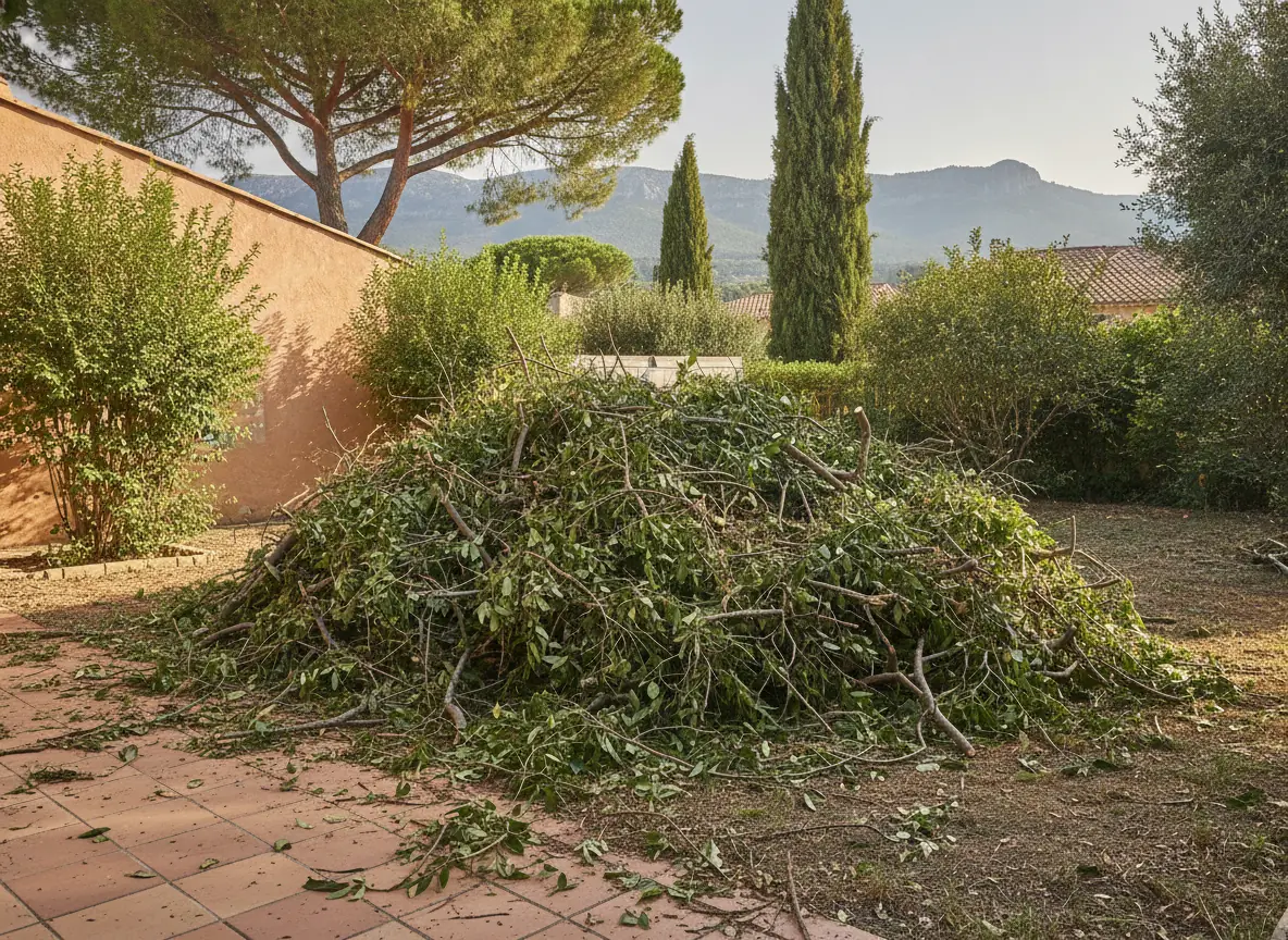 Gros tas de branches encombrant un jardin à La Tour de Mare, Fréjus, avant évacuation