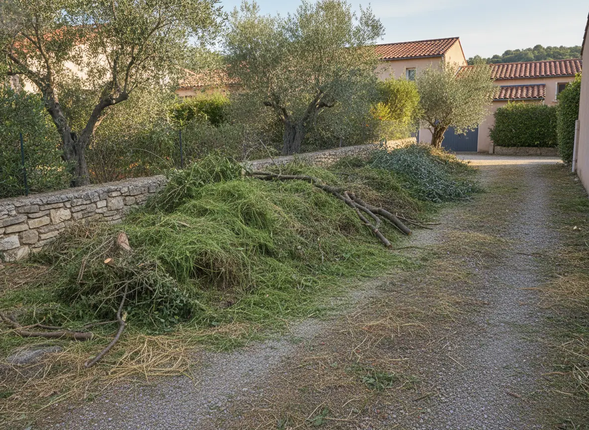 Amas de tontes et de branchages encombrant une allée à Puget-sur-Argens avant évacuation