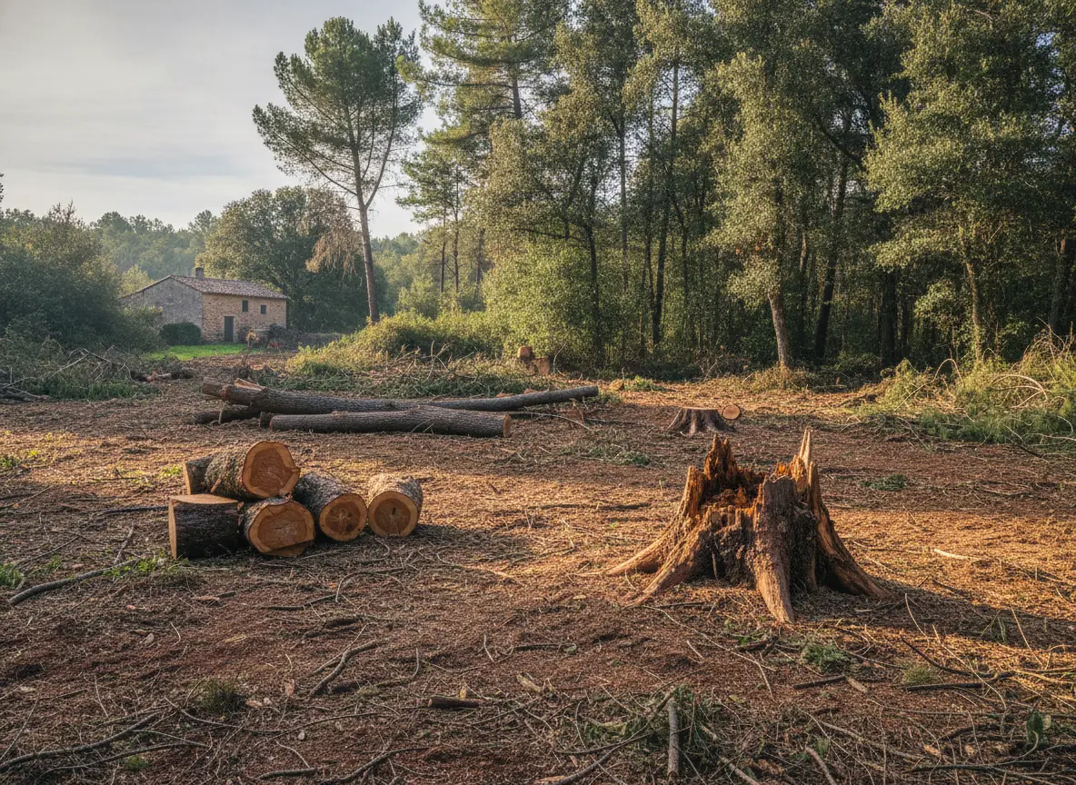 Troncs, souche et rondins au sol après un abattage à Bagnols-en-Forêt avant évacuation