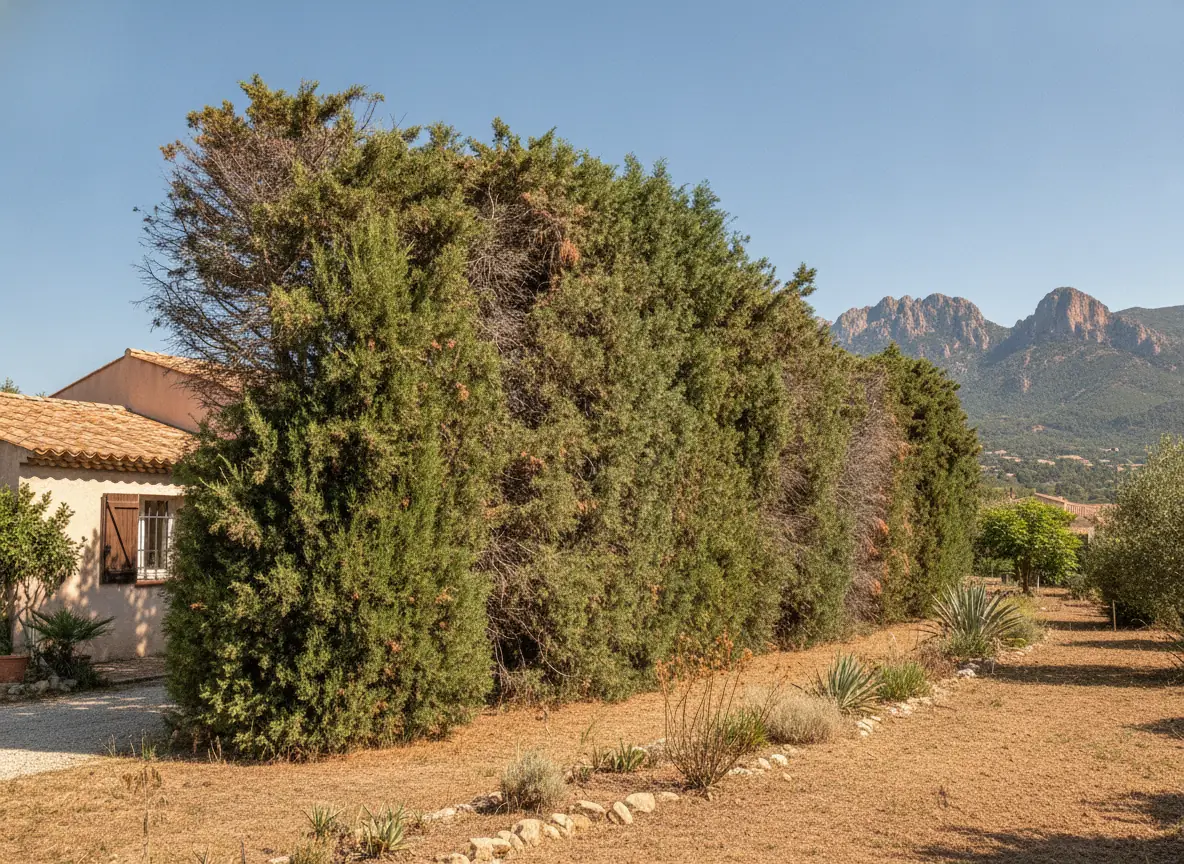 Haute haie de cyprès broussailleuse et hors de forme à Fréjus