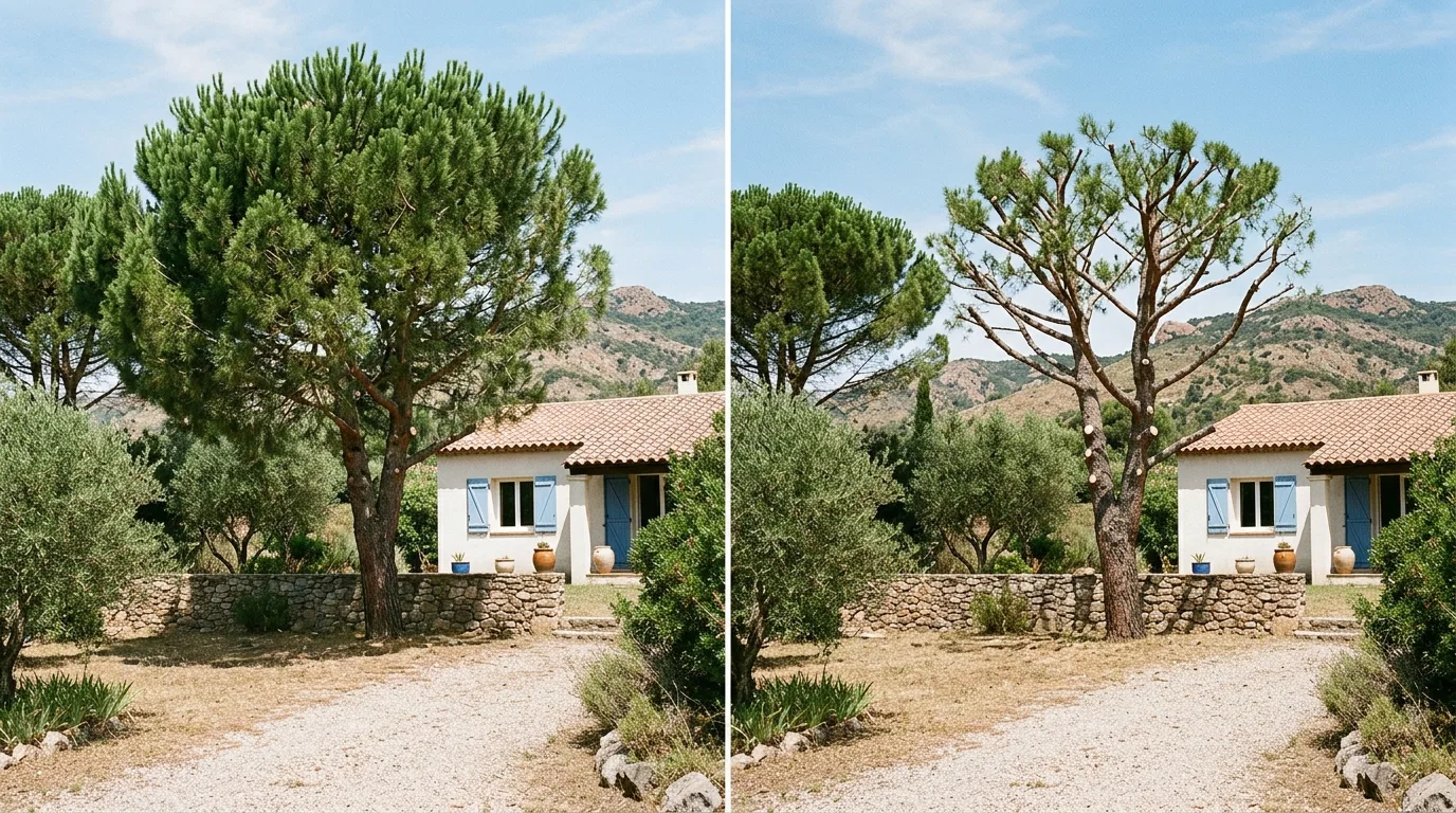 Pin éclairci après élagage sécurisé à Bagnols-en-Forêt